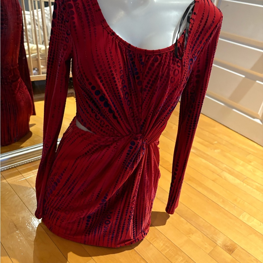 Red Long-Sleeve Twist Front Velvet Mini Dress